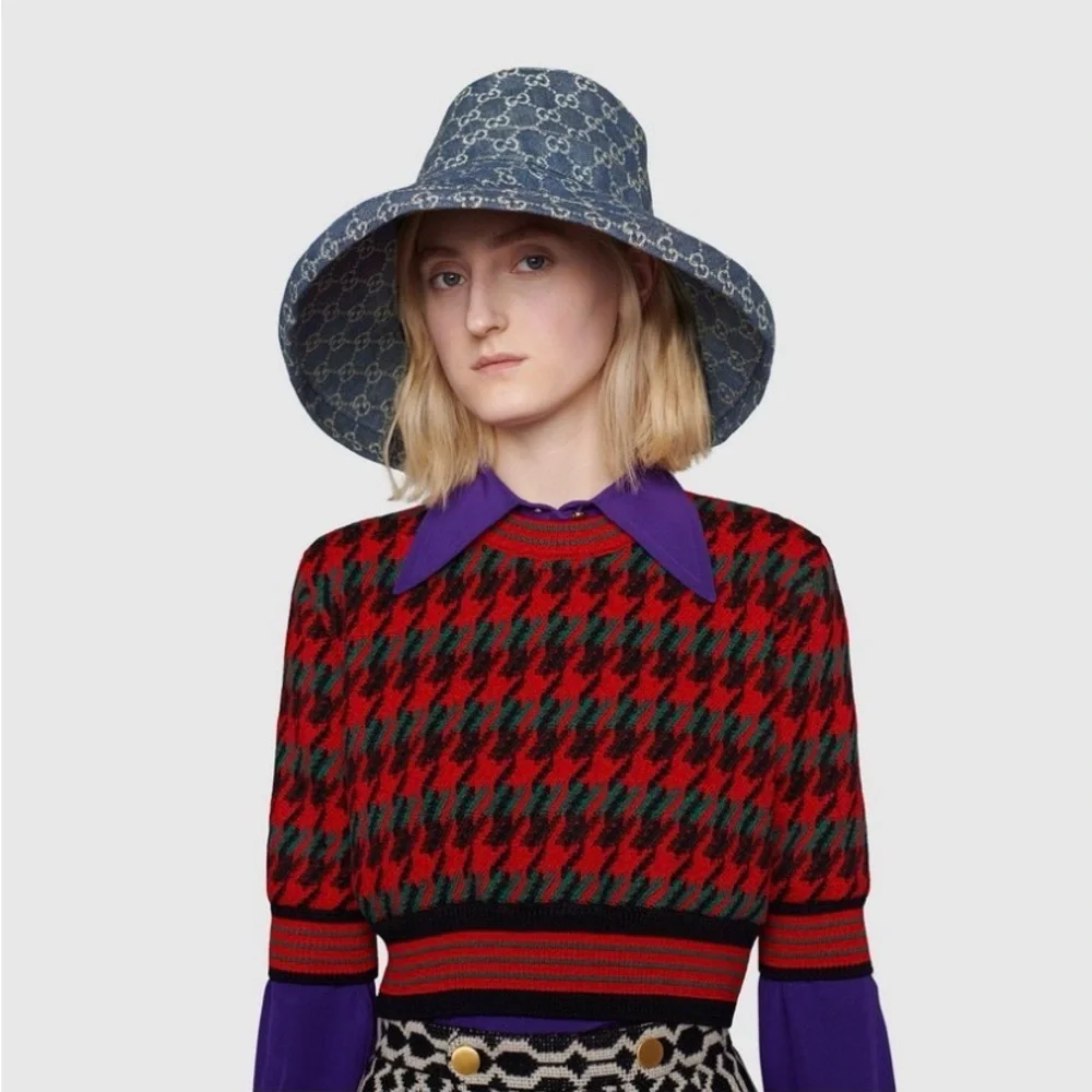 Gucci GG Denim Monogram Bucket Hat Wide Large Brim Navy Blue Jacquard Beach - Picture 7 of 16